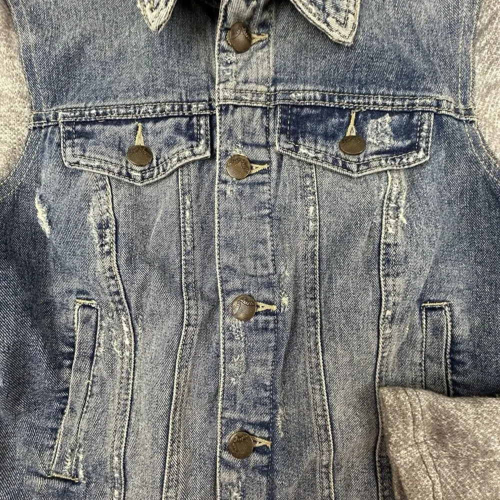 Free People Distressed Knit Denim Jean Jacket Women XS Blue Grey NO HOOD - Picture 6 of 12